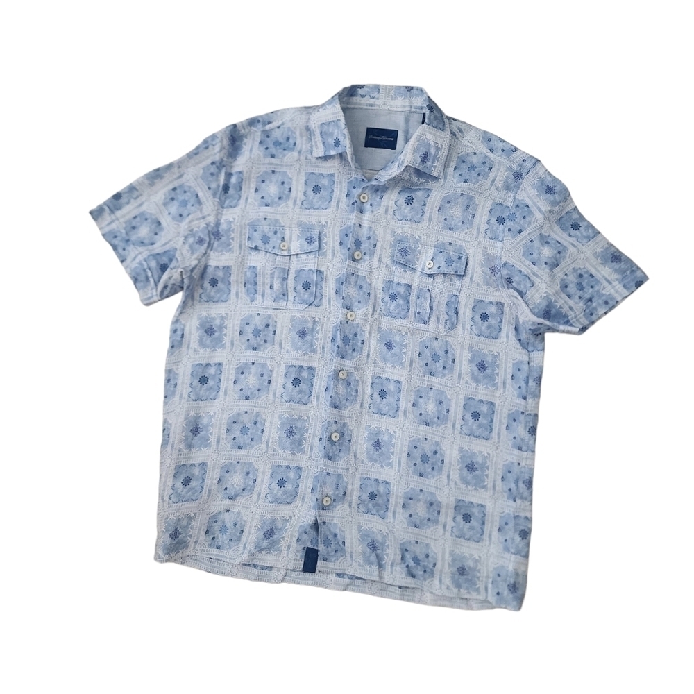 Tommy Bahama 100% Linen Geometric Print Button Shirt Tiles Hawaiian Camp Large